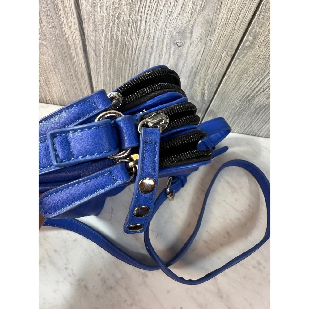 Royal Blue Triple Zip Crossbody Bag Faux Leather Small Messenger Shoulder Bag